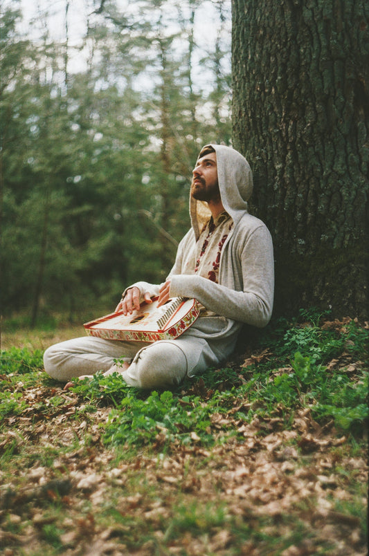 man sitting beside tree