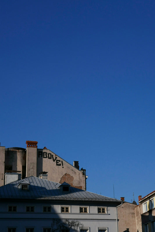Buildings under a clear blue sky.